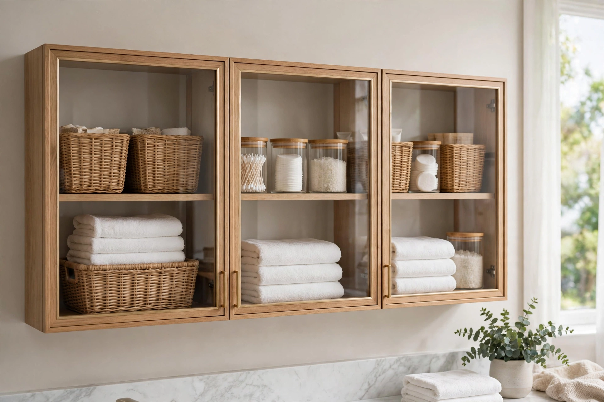 Glass-door bathroom cabinet with baskets and folded towels
