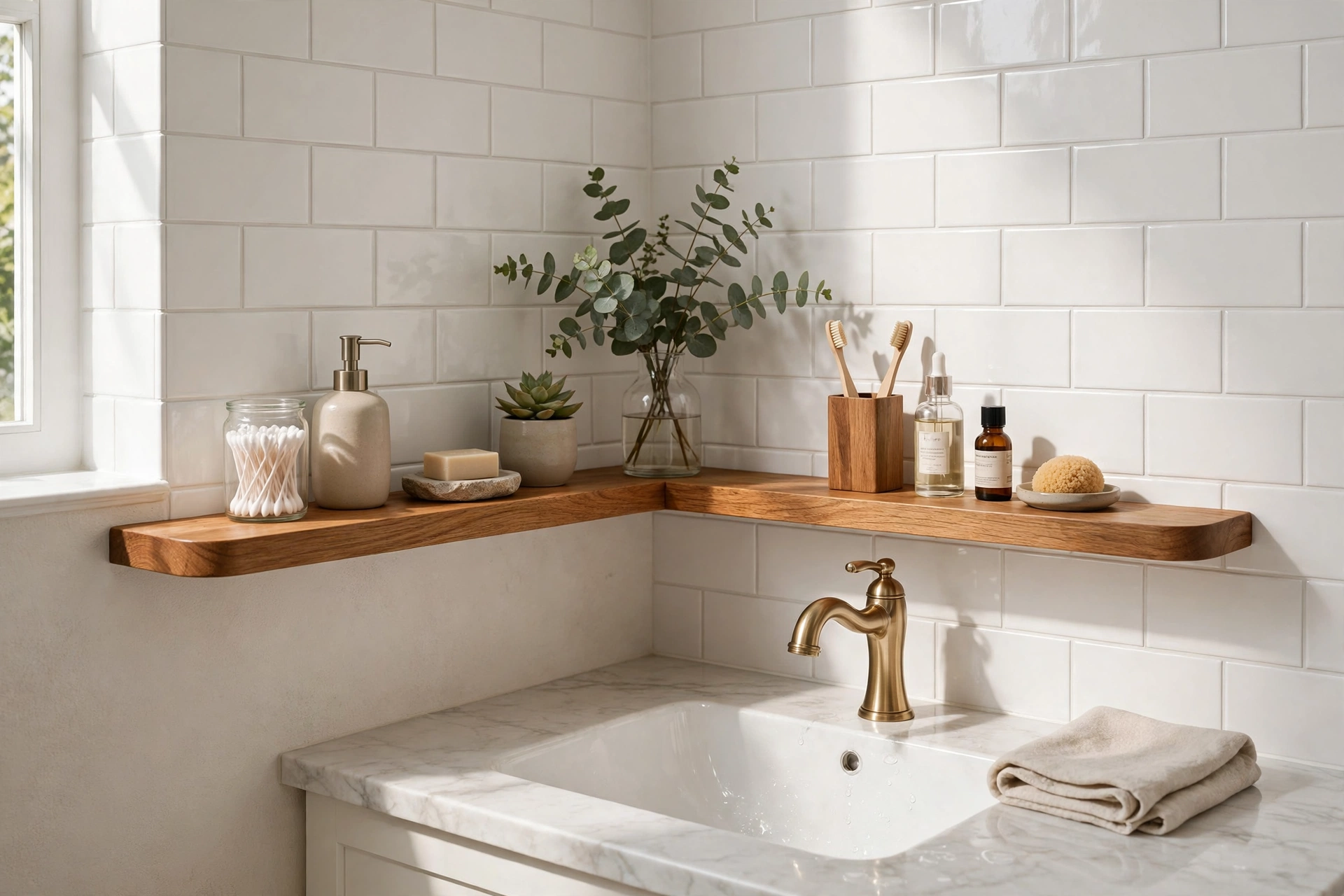 L-shaped corner shelf wrapping around a bathroom sink corner