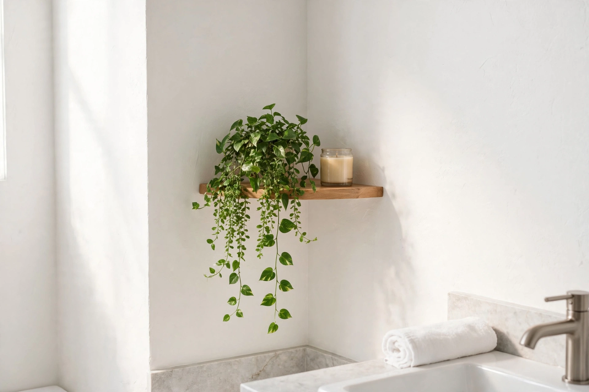 Small corner wall shelf with a trailing plant and candle