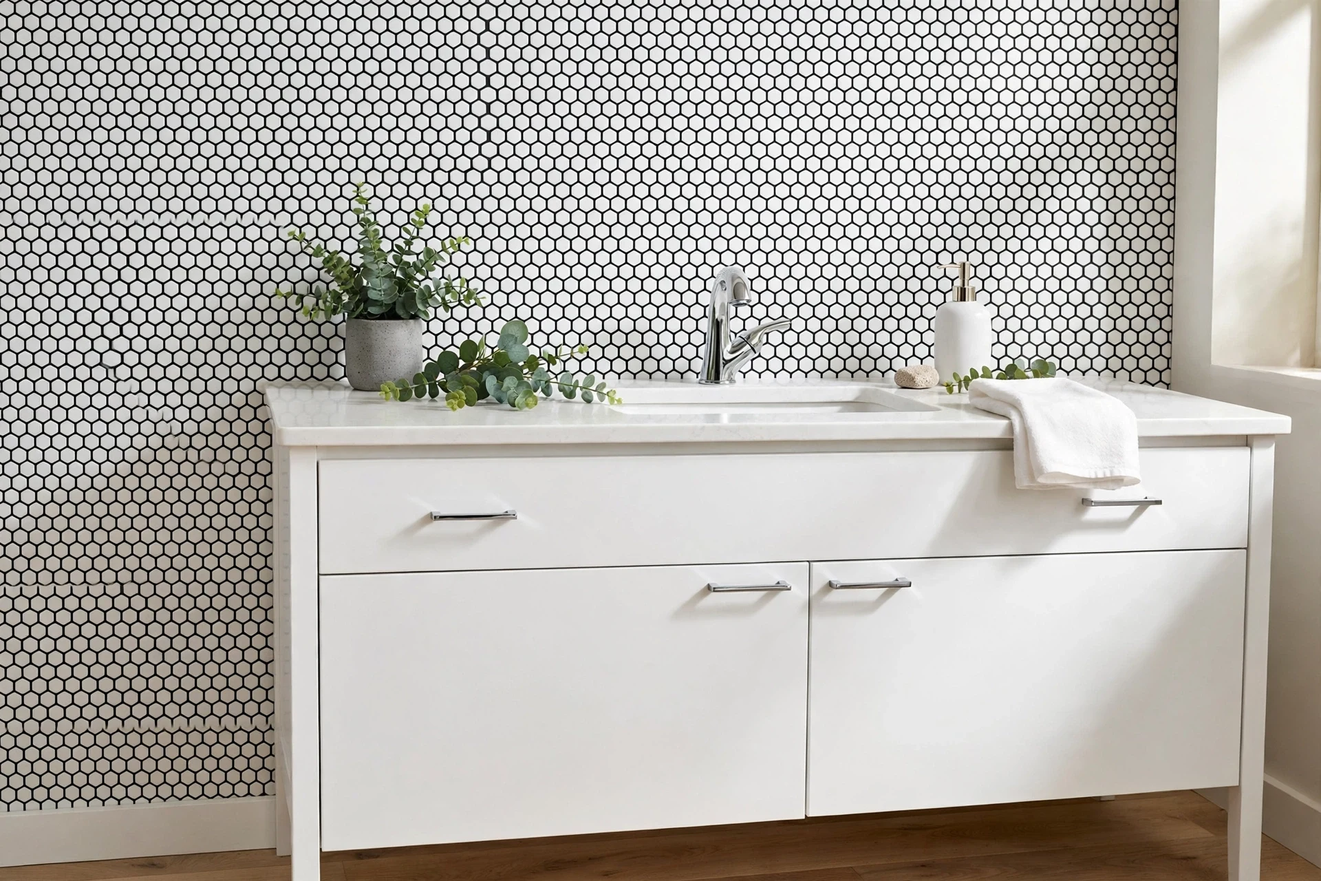 White hexagonal penny tile backsplash with black grout on a bathroom wall