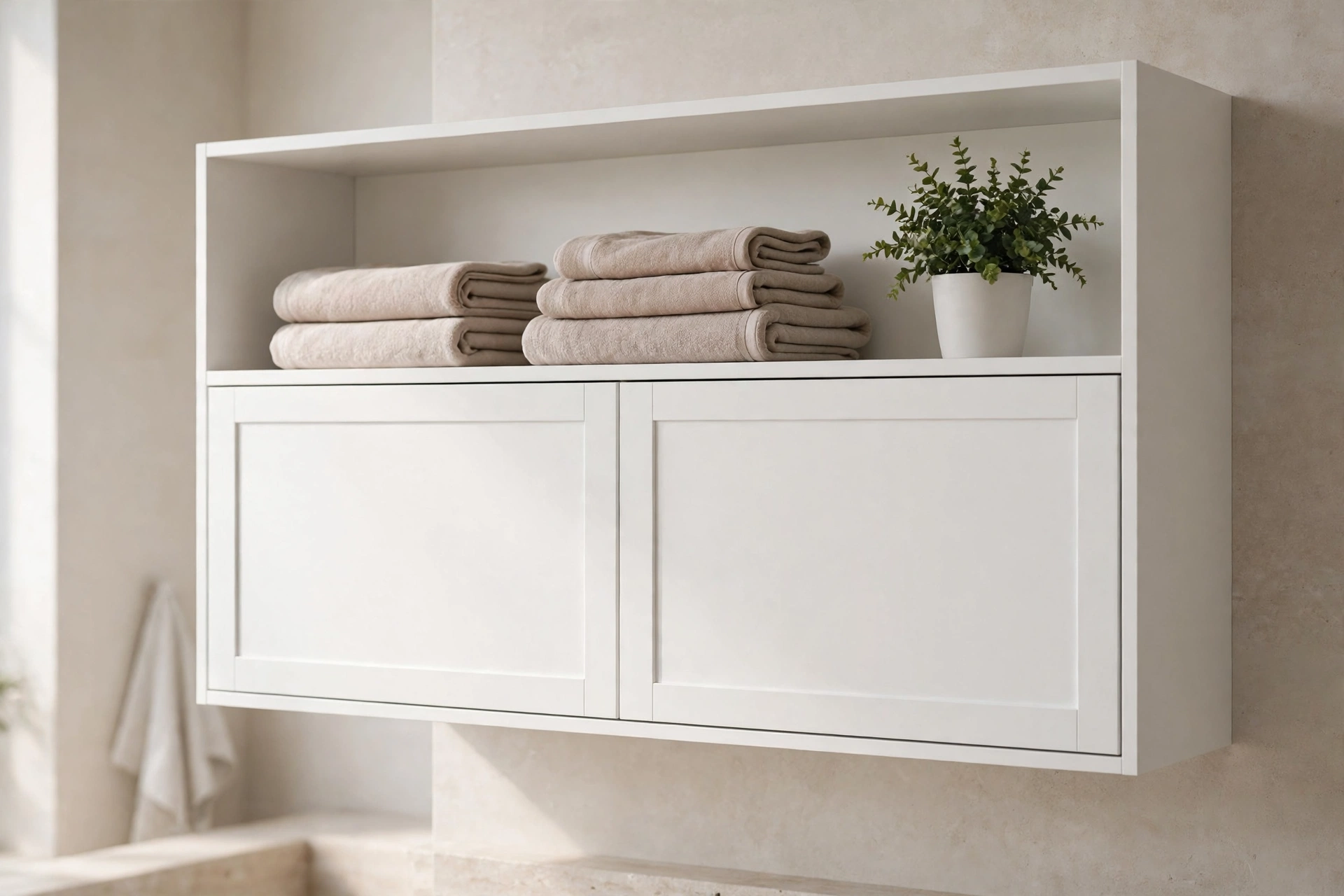 Bathroom cabinet with an open shelf above closed doors