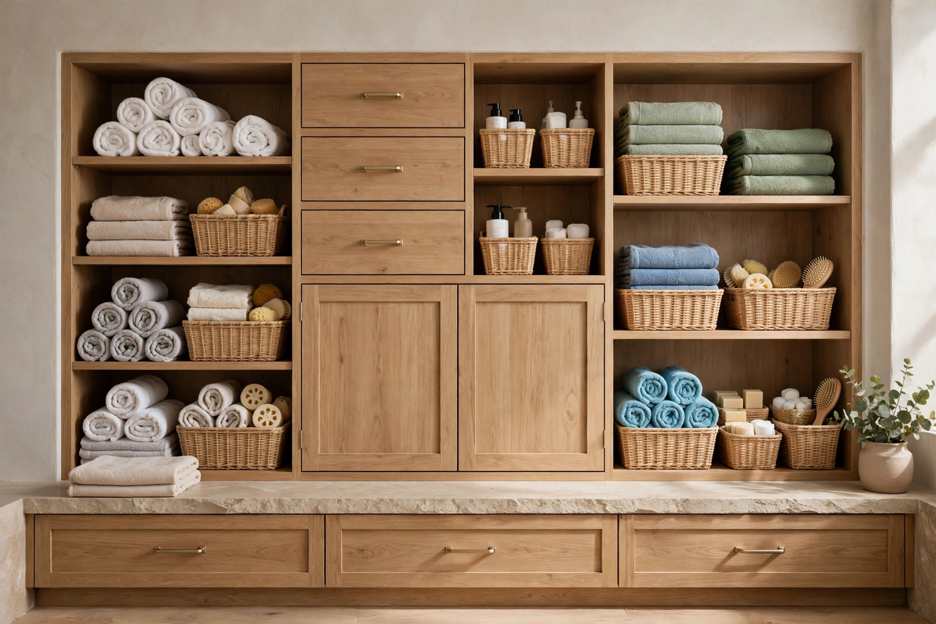 Multi-compartment bathroom cabinet zoned by frequency of use