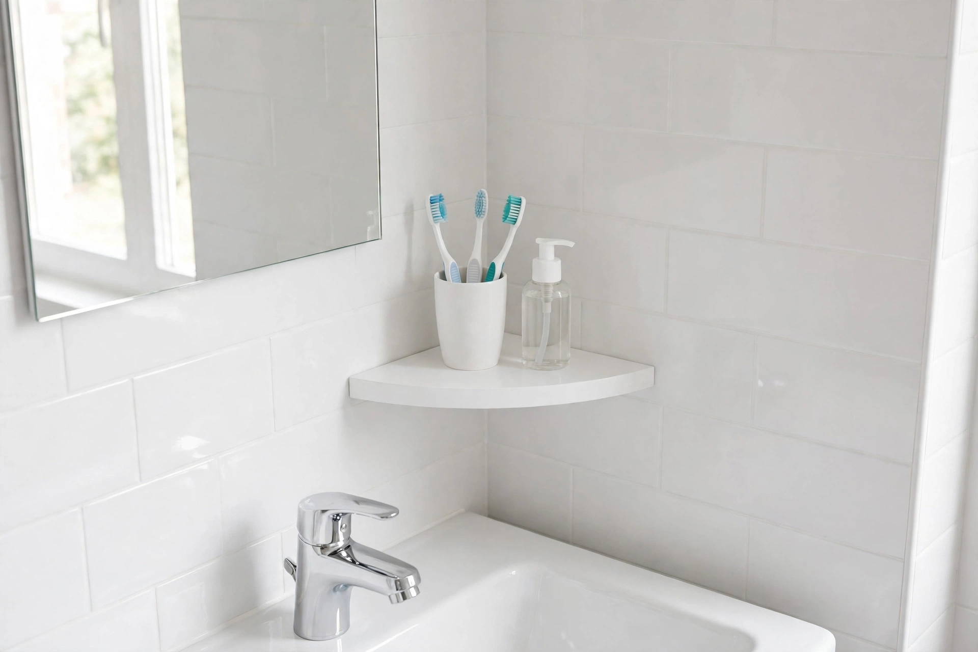Compact white corner shelf in a small bathroom