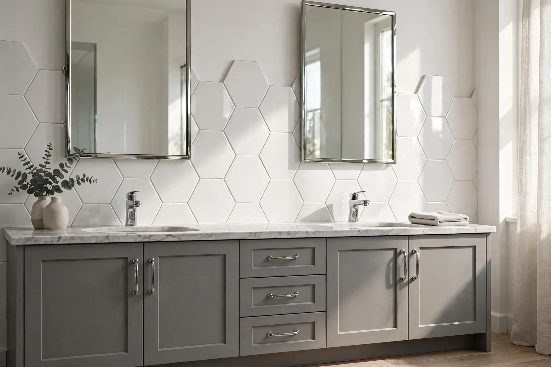 Large white hexagon tile backsplash behind a double vanity