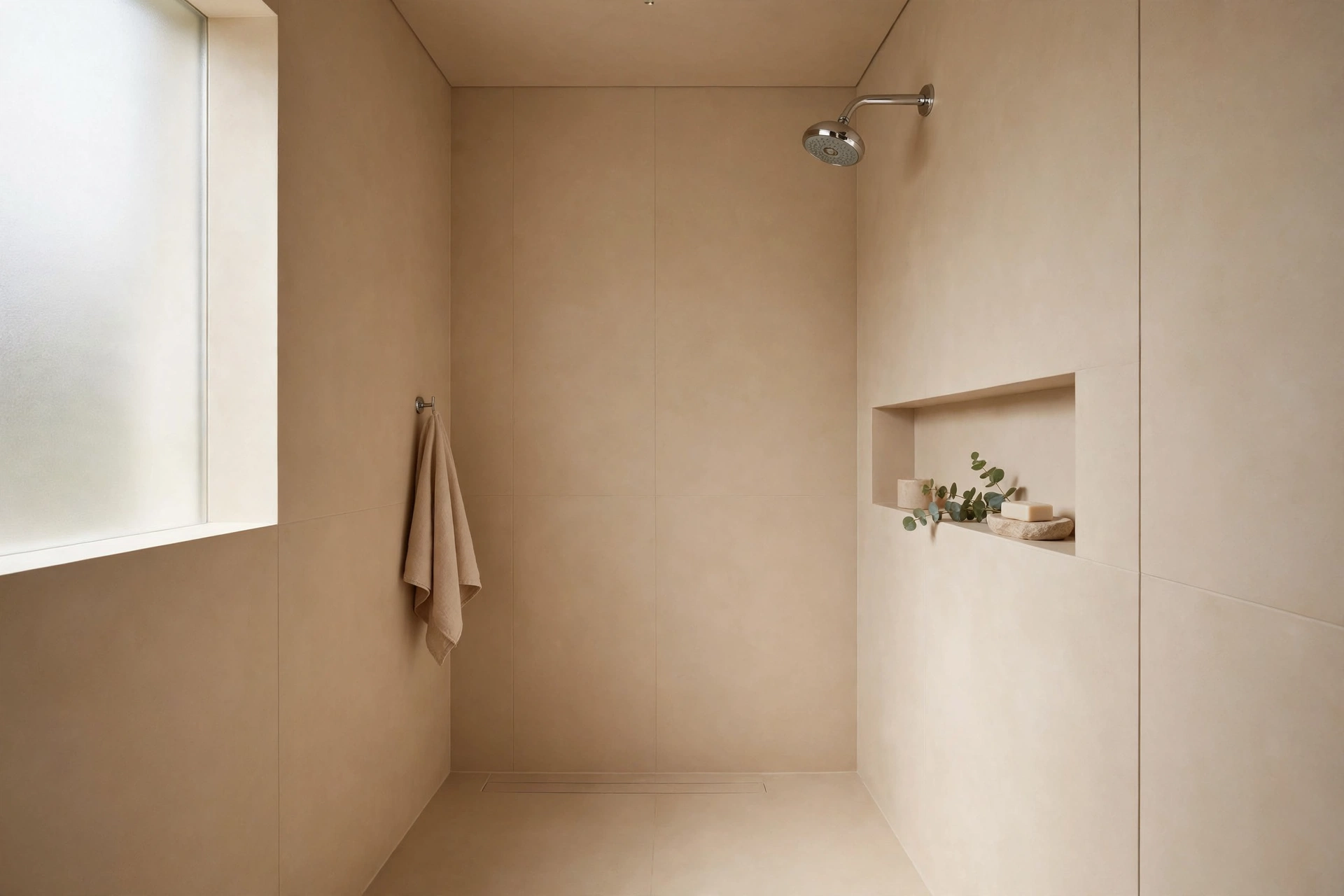 Beige tiles with grout matched to the tile color in a small shower