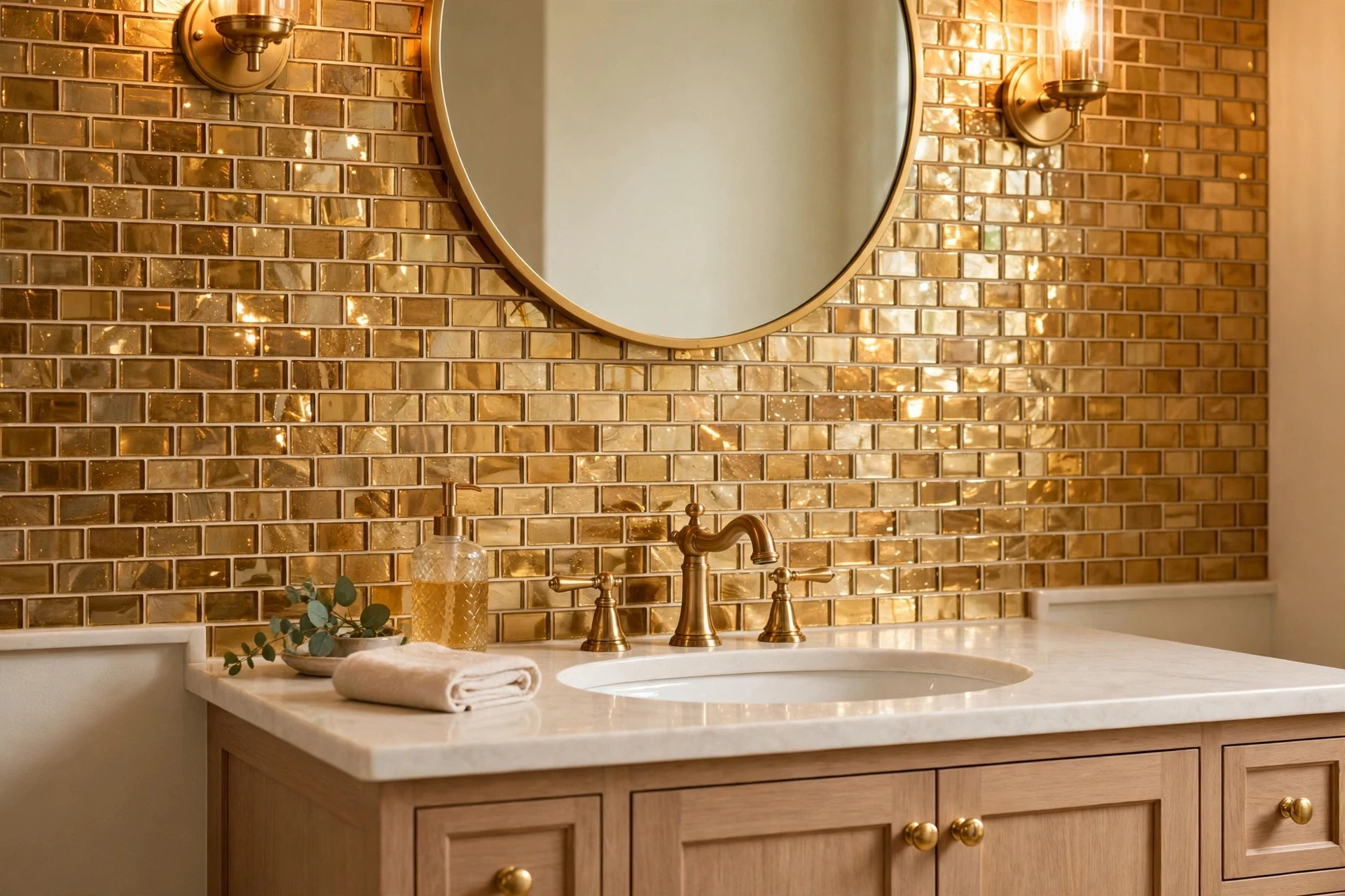 Golden mosaic glass tile backsplash behind a bathroom vanity