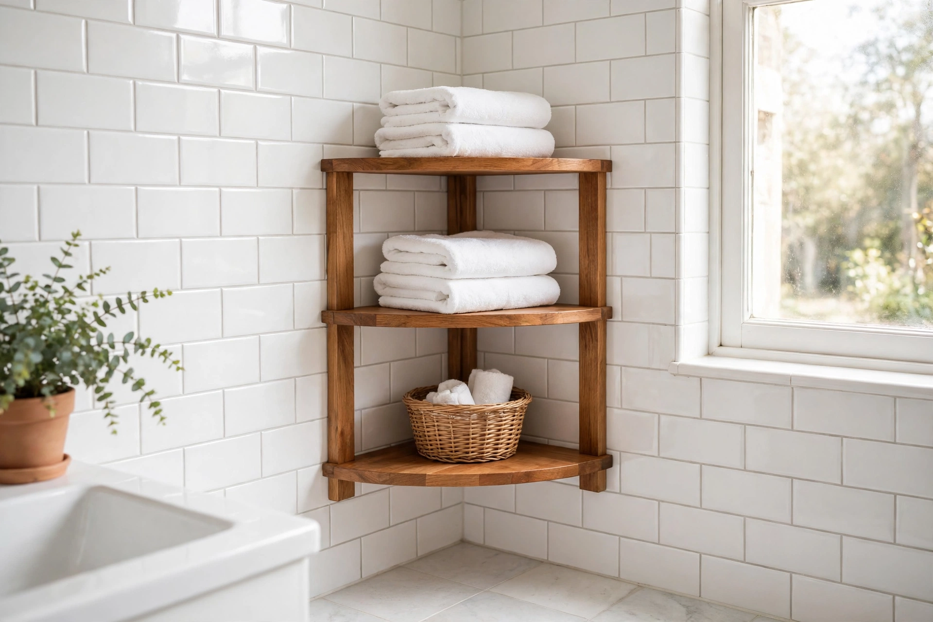 Wooden corner shelf stacked with folded white towels