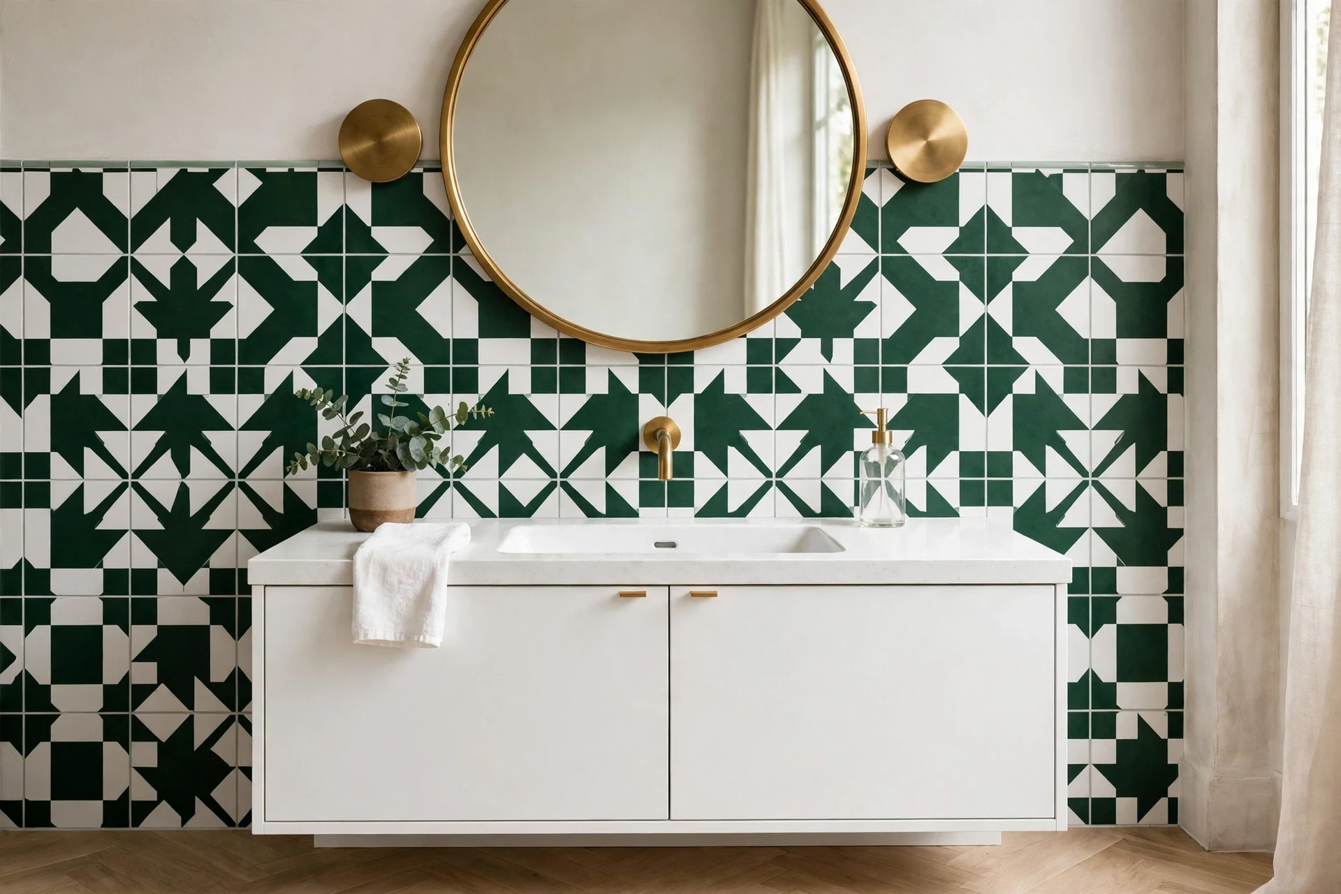 Bold geometric patterned tile backsplash in forest green and white