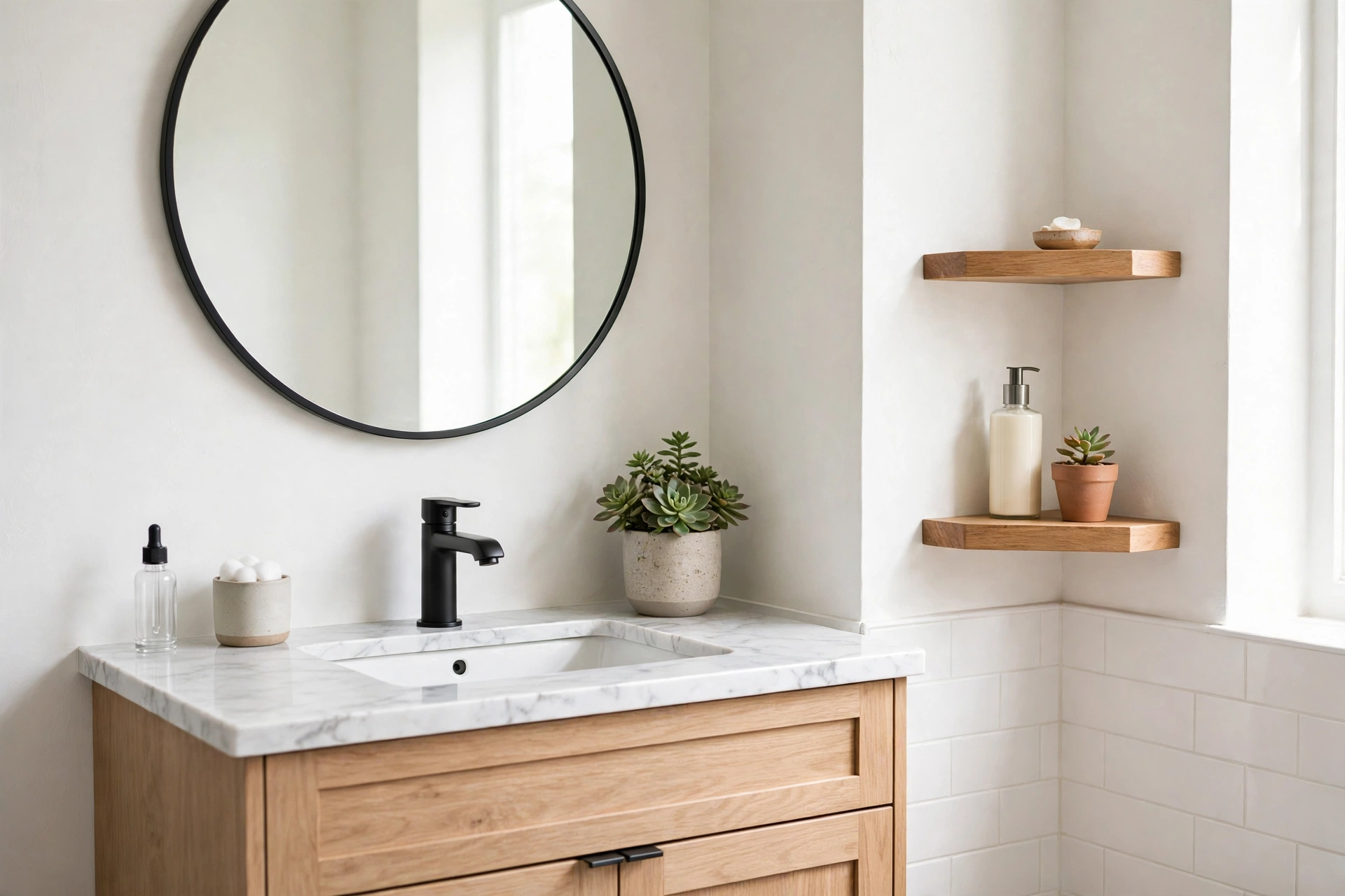 Vanity corner shelves beside a bathroom mirror