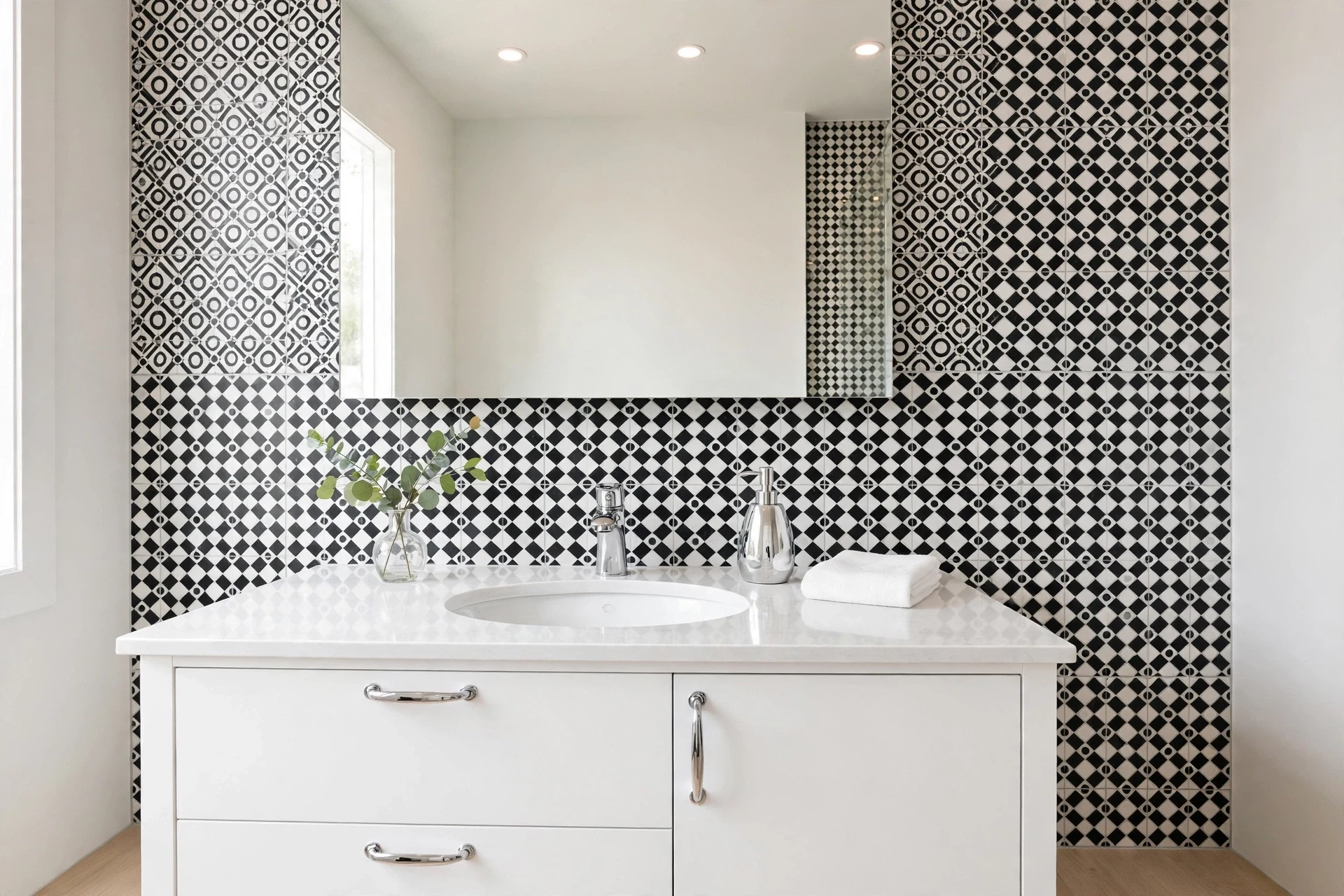 Black-and-white patterned tile backsplash with circles and diamonds