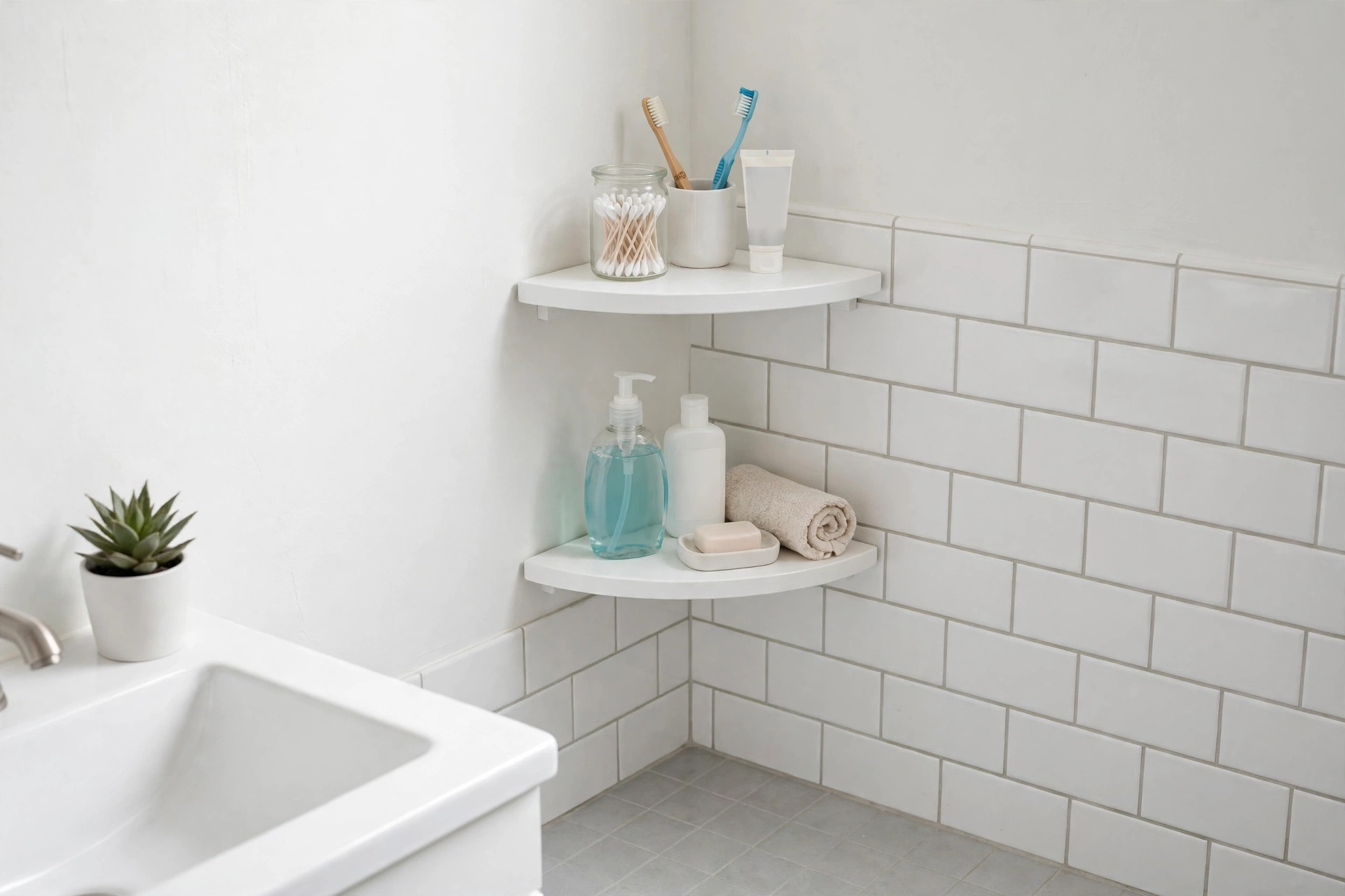 Budget white corner shelf set with everyday toiletries
