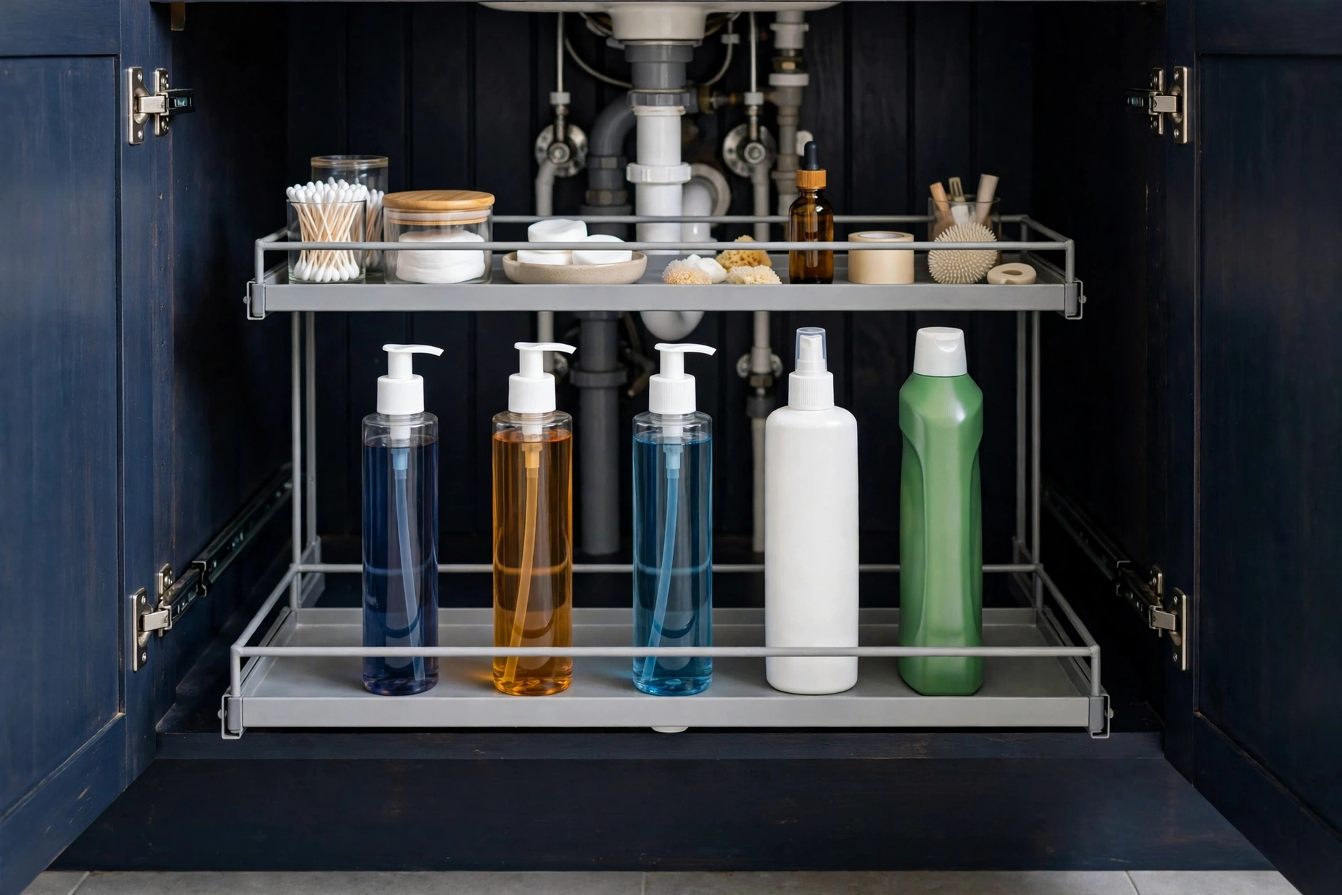 Deep bathroom cabinet with pull-out two-tier shelves