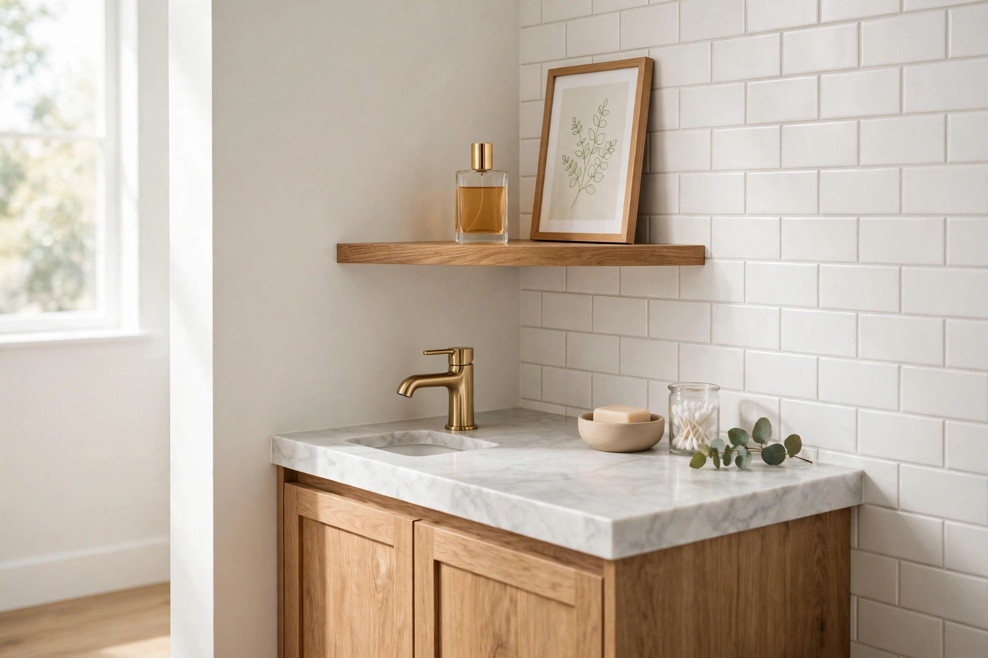 Wooden corner shelf floating above a vanity countertop
