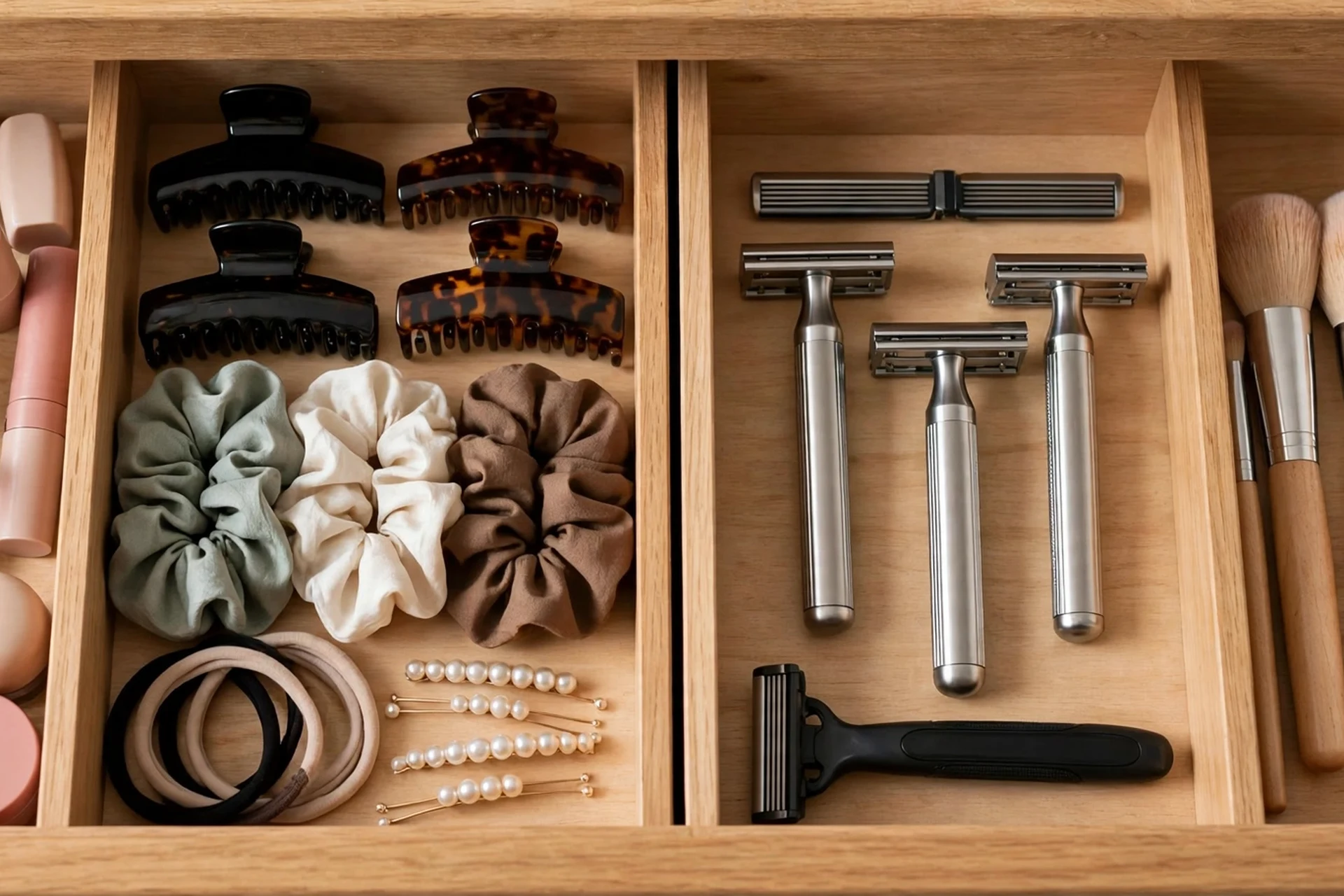 Vanity drawer with dividers separating cosmetics and accessories