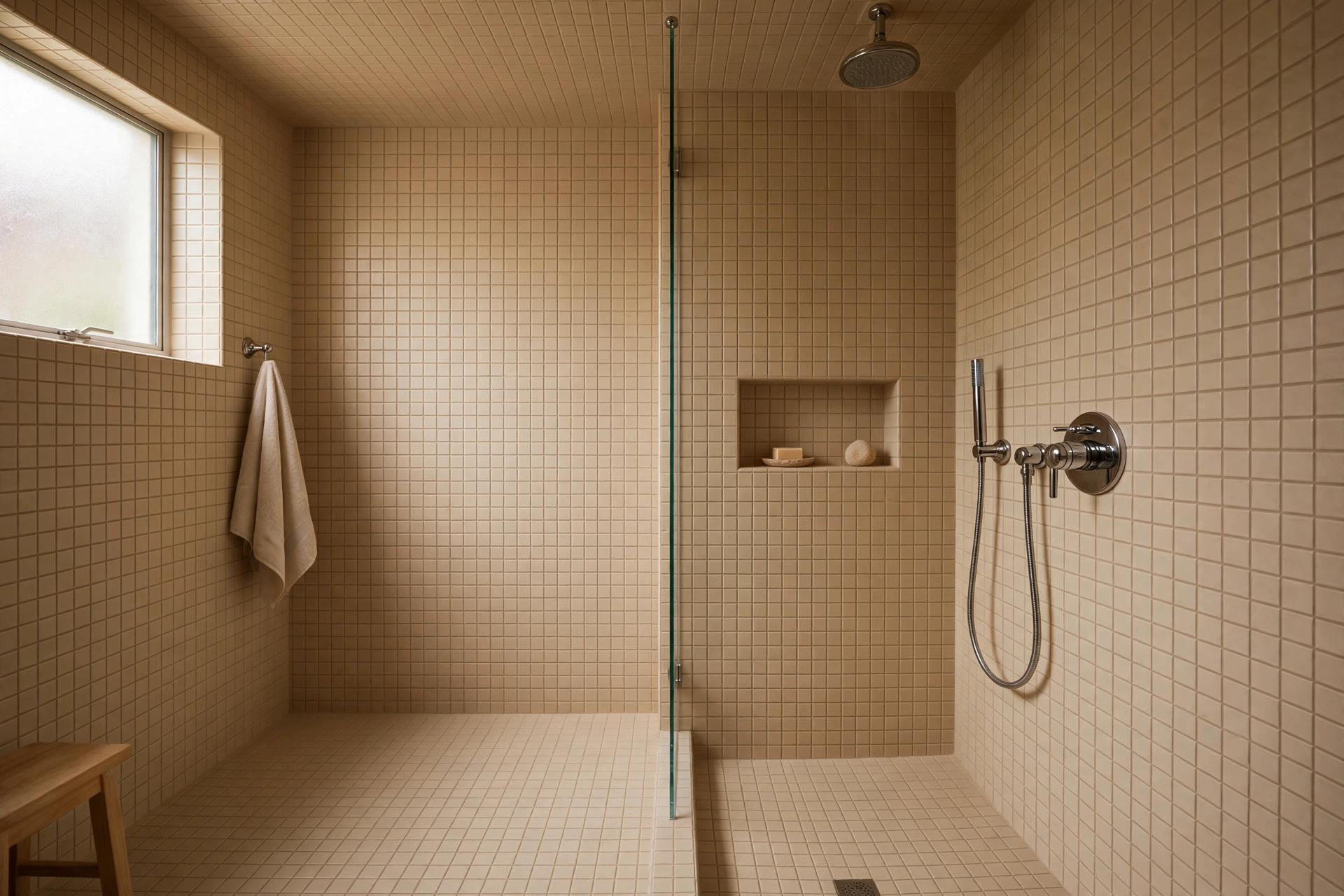 Tile-drenched small bathroom in warm mushroom beige tile