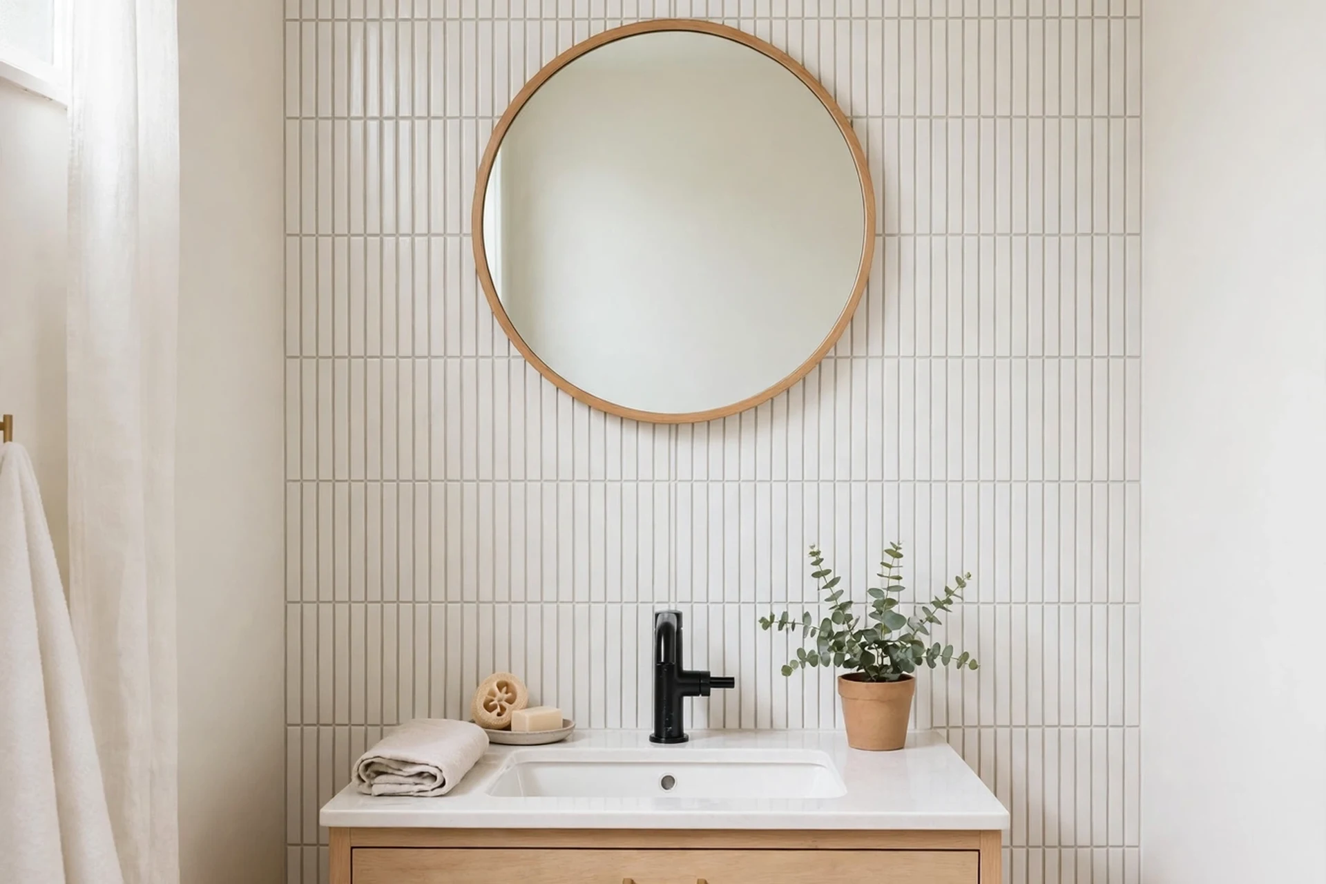 Slim off-white tiles stacked vertically as a bathroom backsplash