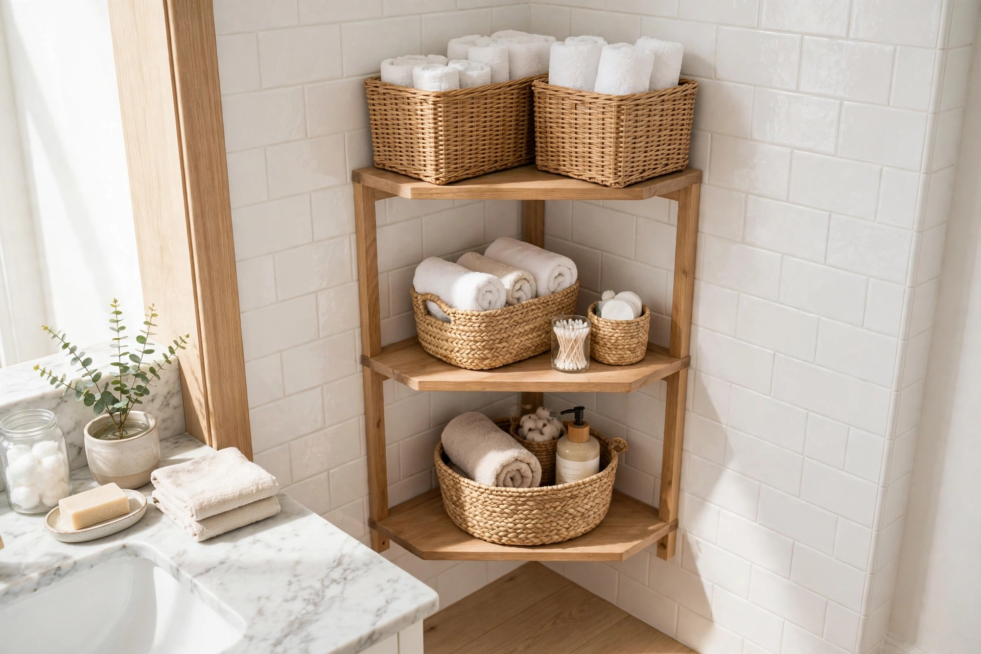Corner shelves with woven baskets for bathroom storage