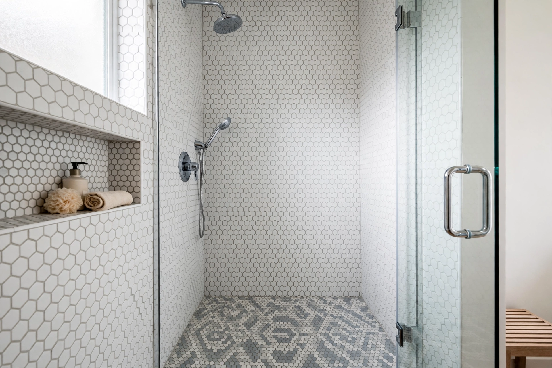 White hexagonal honeycomb tiles in a small shower