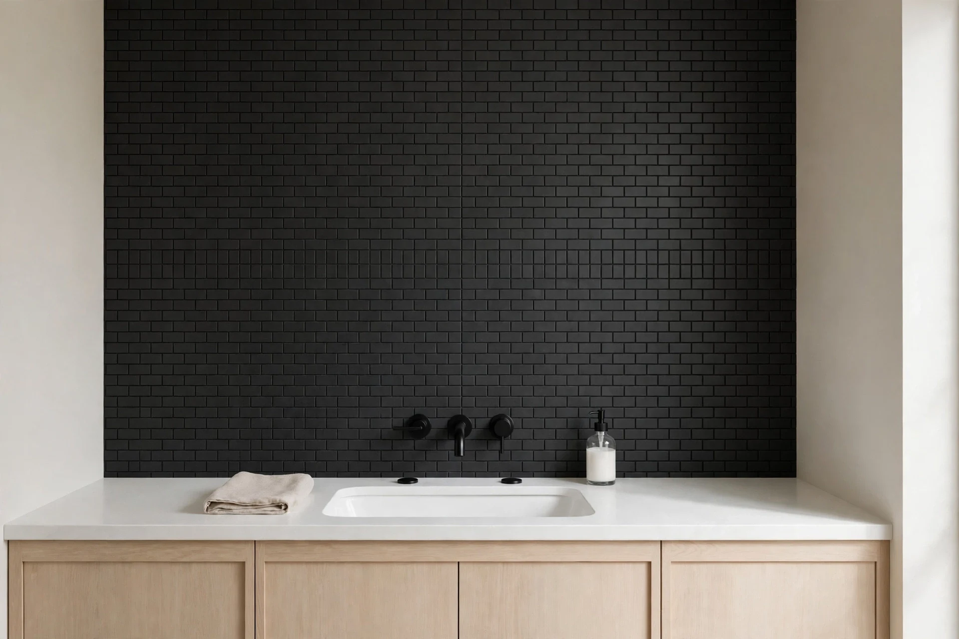 Matte black tile backsplash with matching black grout behind a vanity