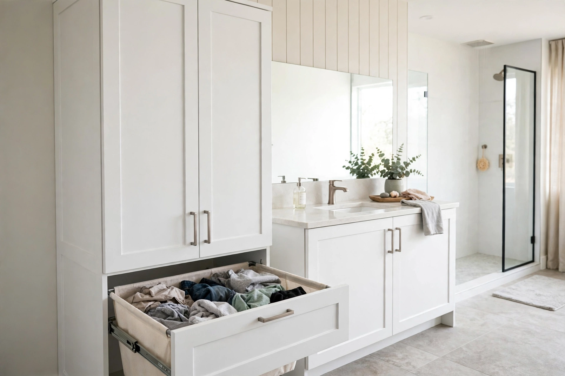 Bathroom cabinet with a pull-out laundry hamper drawer