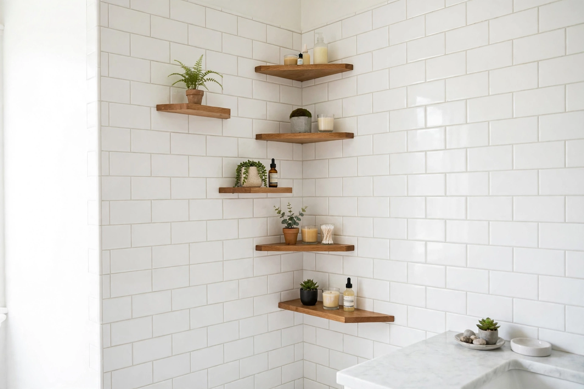 Gallery of small staggered corner shelves on a bathroom wall