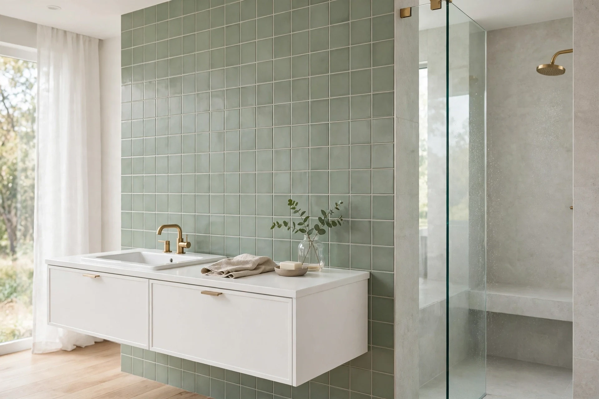 Muted soft green square tile backsplash in a clean grid
