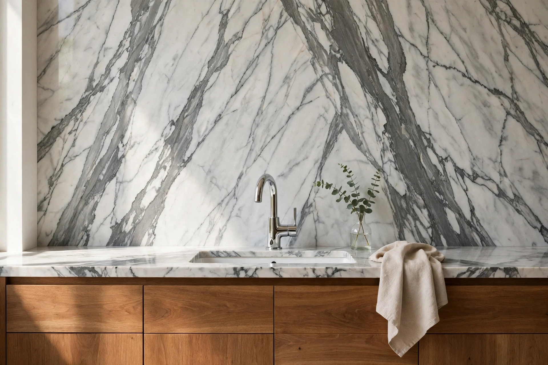 Full marble slab backsplash with dramatic grey veining behind a vanity