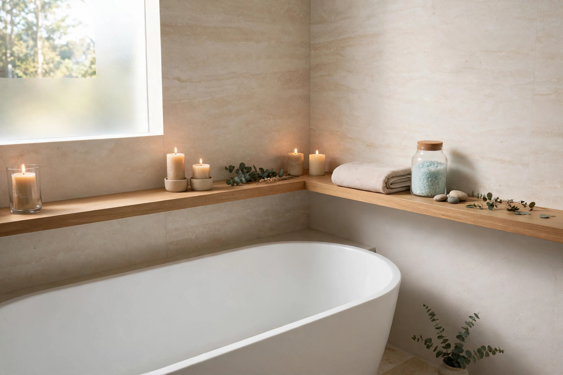 Long floating shelf wrapping around a corner above a bathtub