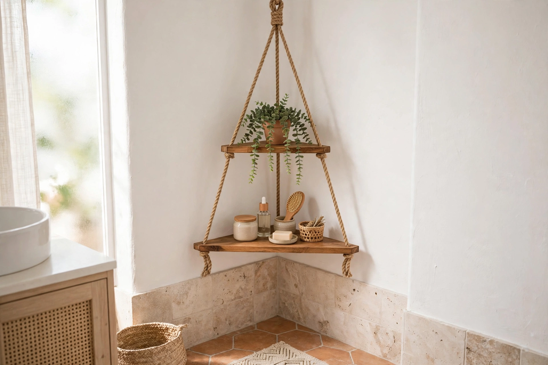 Rope-hung wooden corner shelves in a bathroom corner