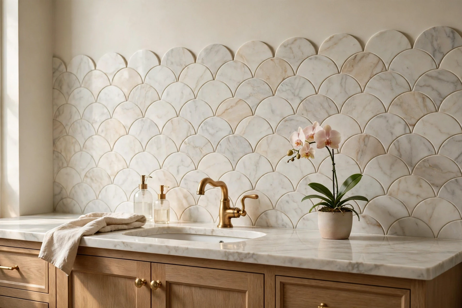 Scallop-shaped marble tile backsplash with brass fixtures