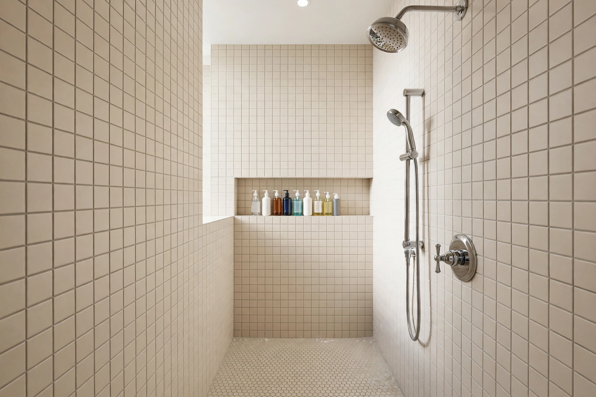 Wall-to-wall recessed niche in a narrow shower