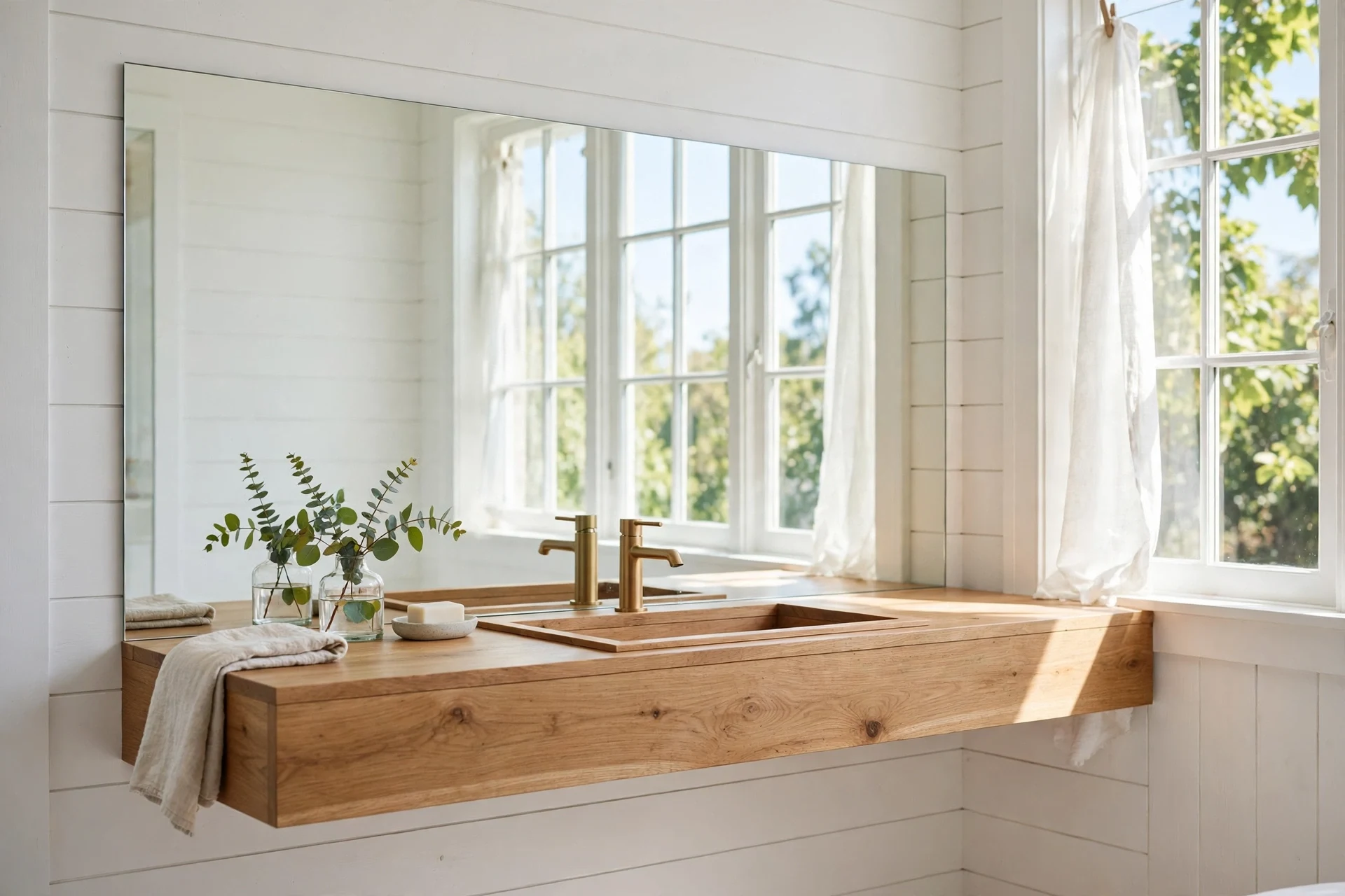Mirrored slab backsplash behind a floating wood vanity