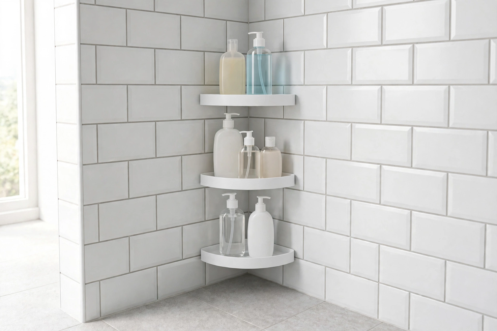 No-drill adhesive corner shelf in a tiled bathroom corner