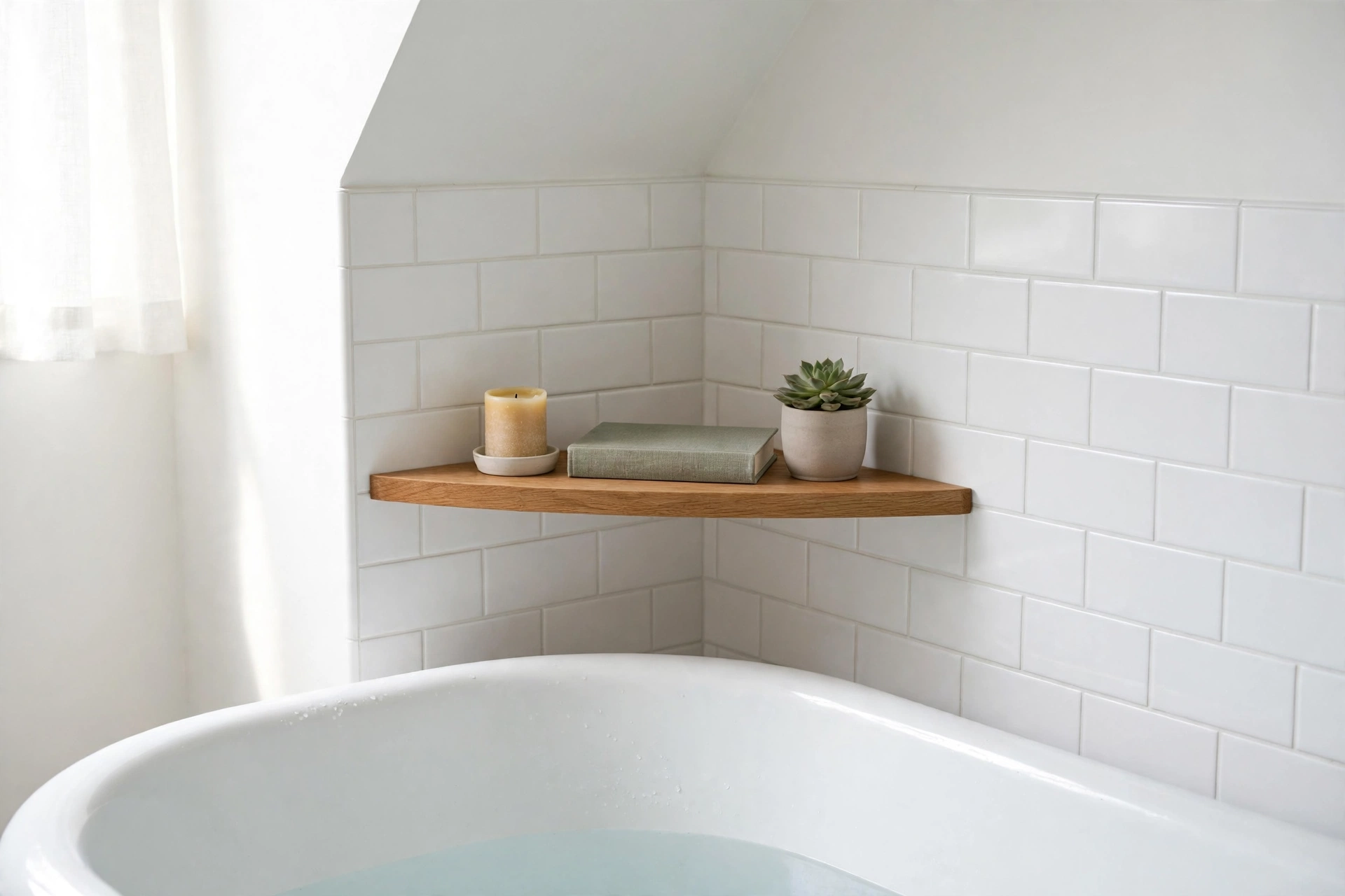 Wooden corner shelf above a bathtub with a candle and book