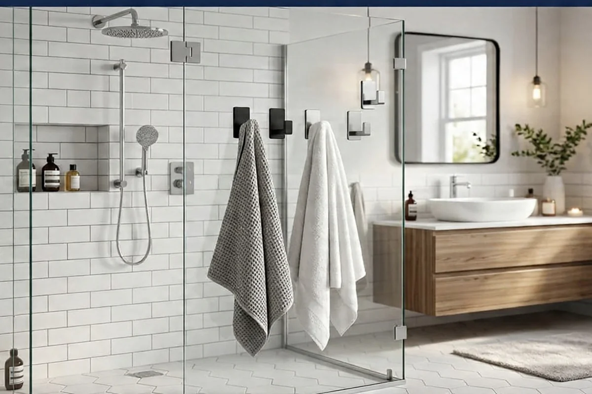 Towel hooks for glass shower doors