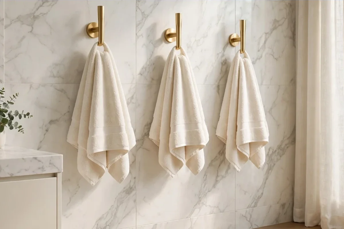 Gold towel hooks in a modern marble bathroom