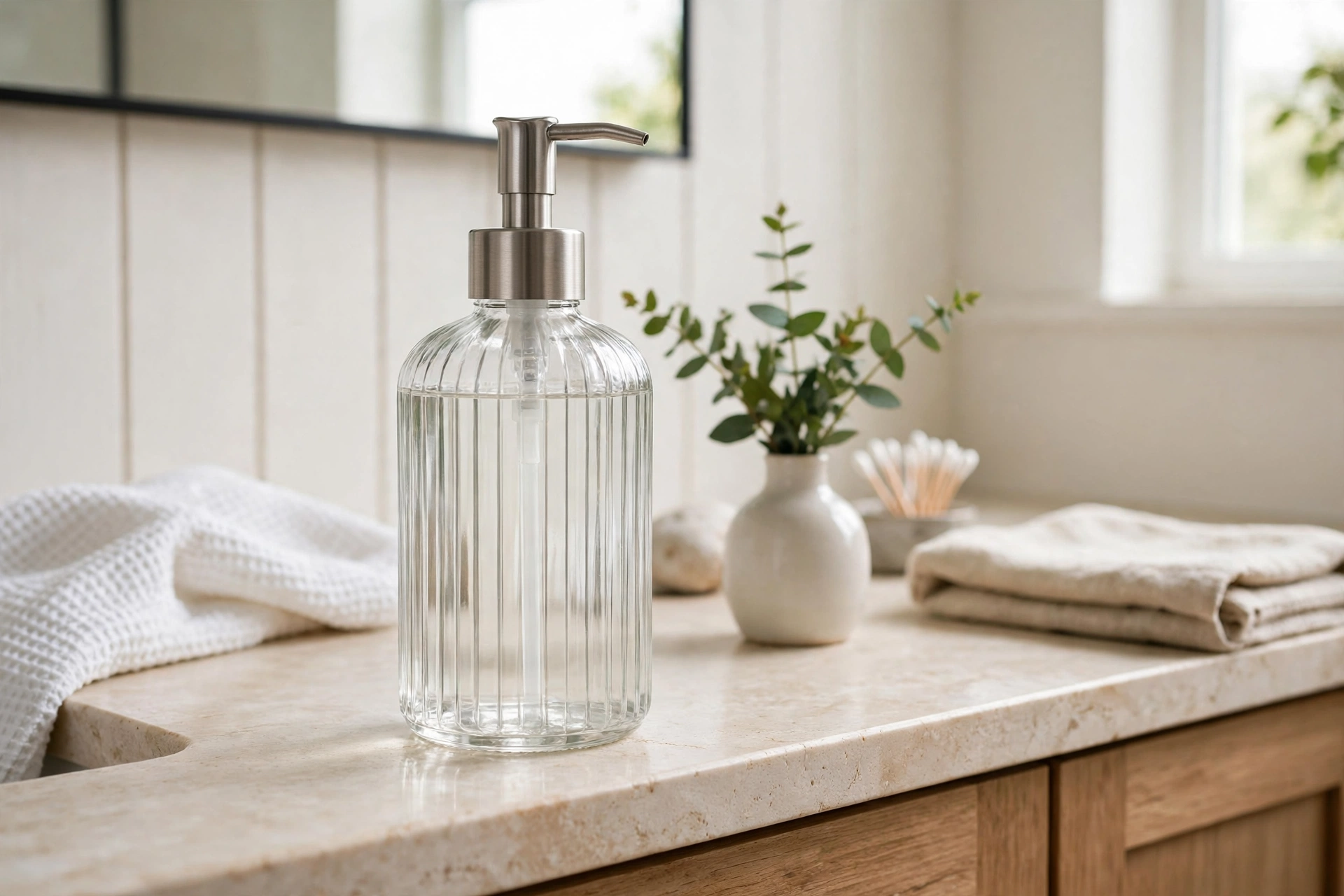 JASAI clear glass soap dispenser with stainless steel pump on a vanity
