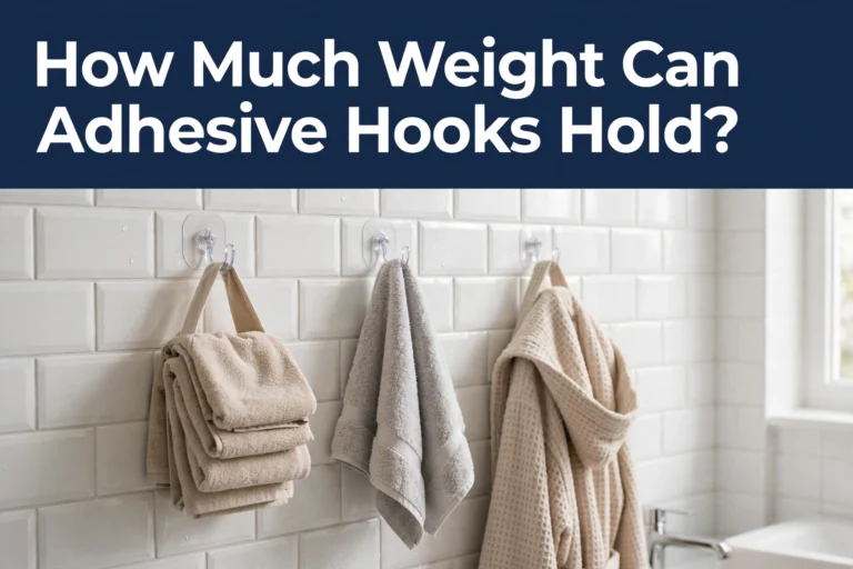 Navy banner asking how much weight adhesive hooks can hold, above clear adhesive hooks holding towels on white subway tile