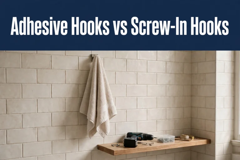 Adhesive hooks vs screw-in hooks comparison for bathrooms — a towel hanging on a tiled bathroom wall