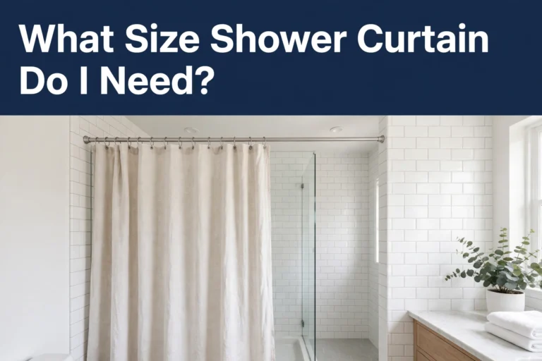 Shower curtain size guide: a white shower curtain hanging on a rod in a bright bathroom