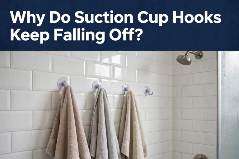 Suction cup hooks on a tiled bathroom wall illustrating why suction cup hooks keep falling off
