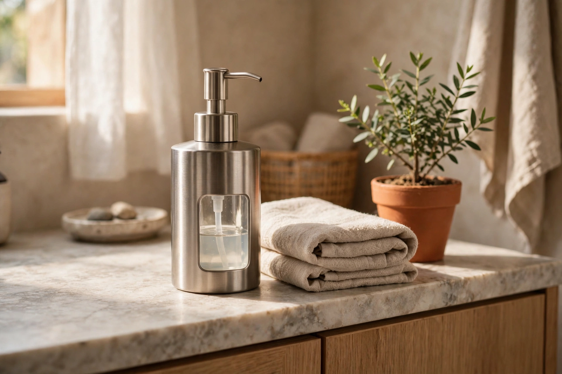 OXO Good Grips stainless steel soap dispenser on a bathroom countertop