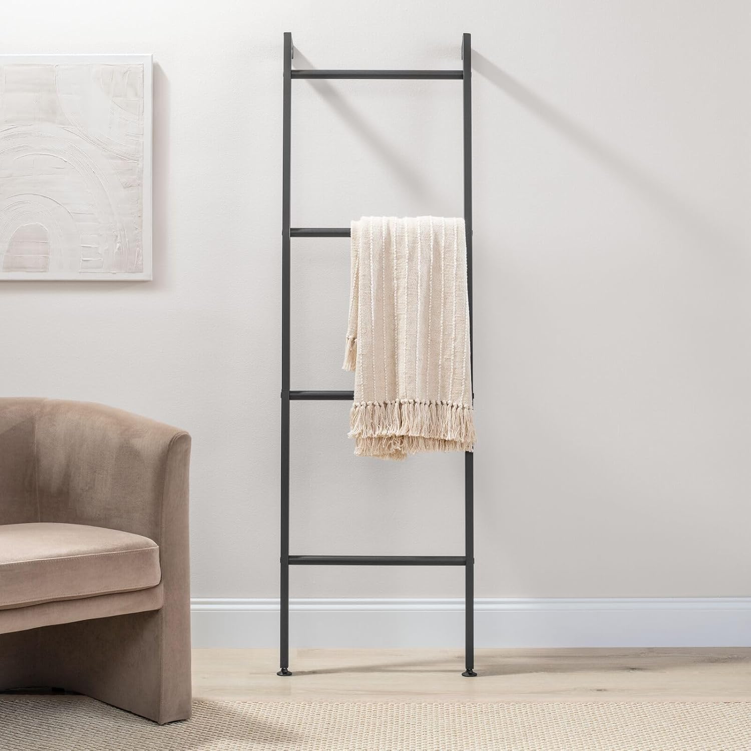 mDesign 4-level metal wall-leaning towel ladder in matte black