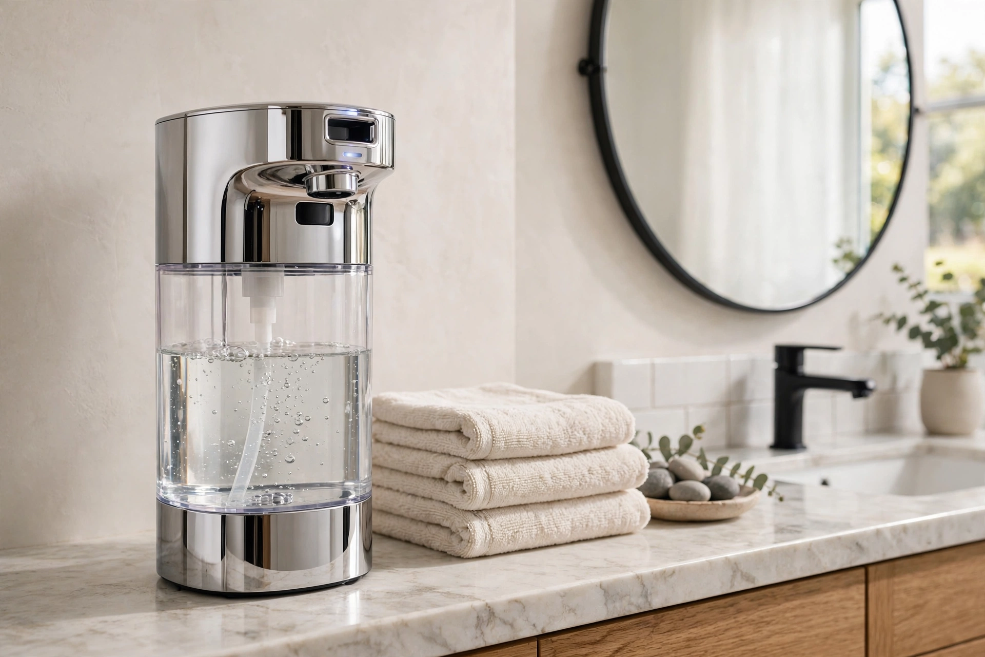 Secura chrome automatic soap dispenser with transparent tank on a vanity