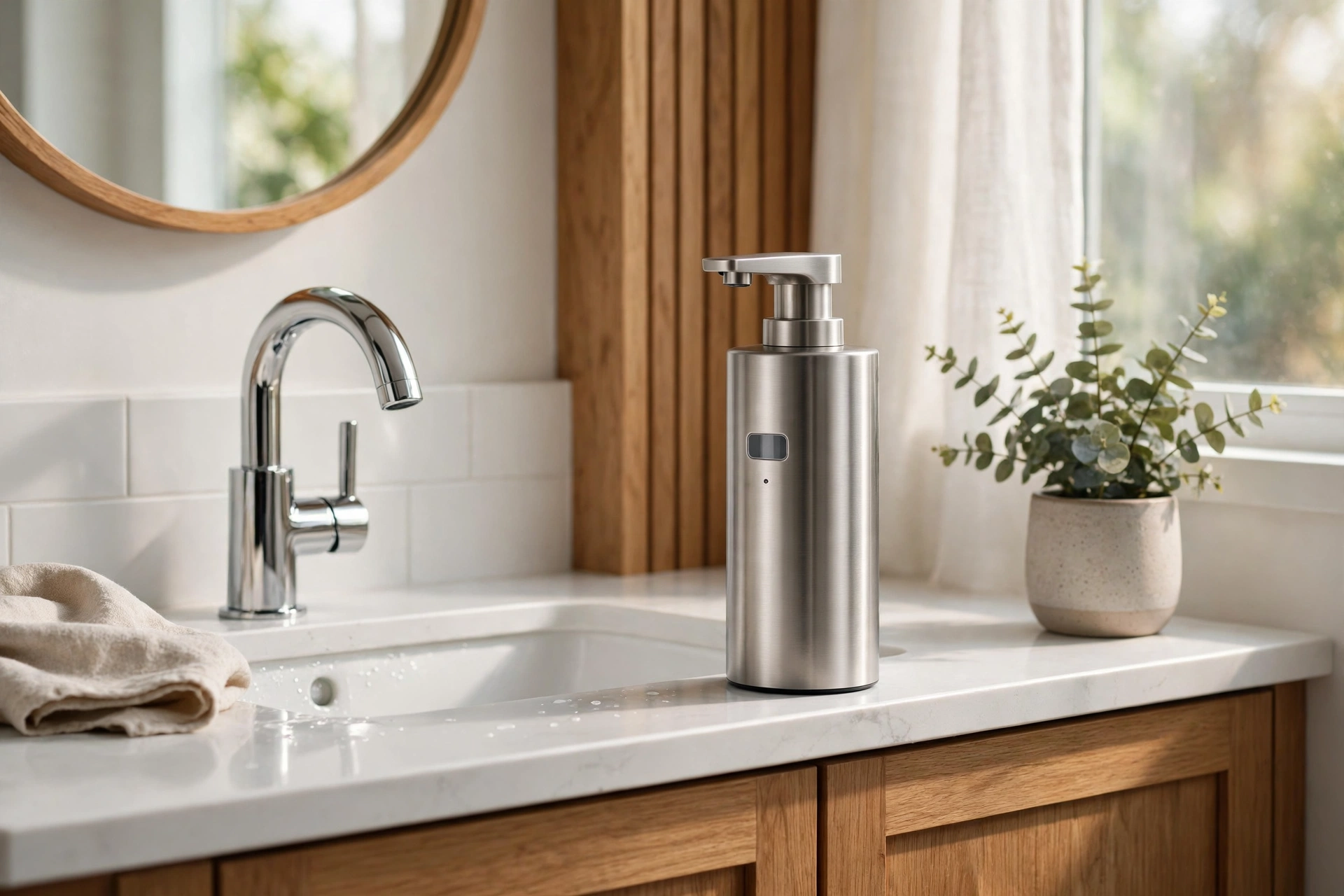 simplehuman 9 oz liquid sensor pump on a bathroom vanity