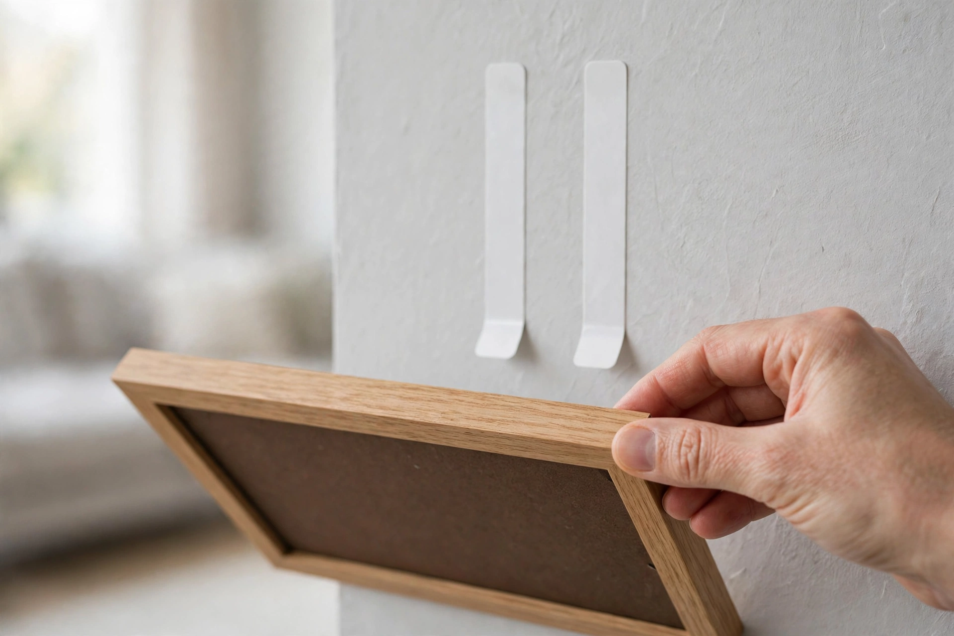 Hand lifting a picture frame off the wall to expose the Command strips behind it