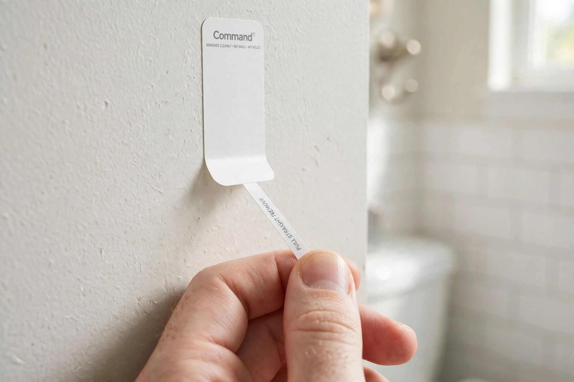 Fingers gripping the pull tab at the bottom of a Command strip