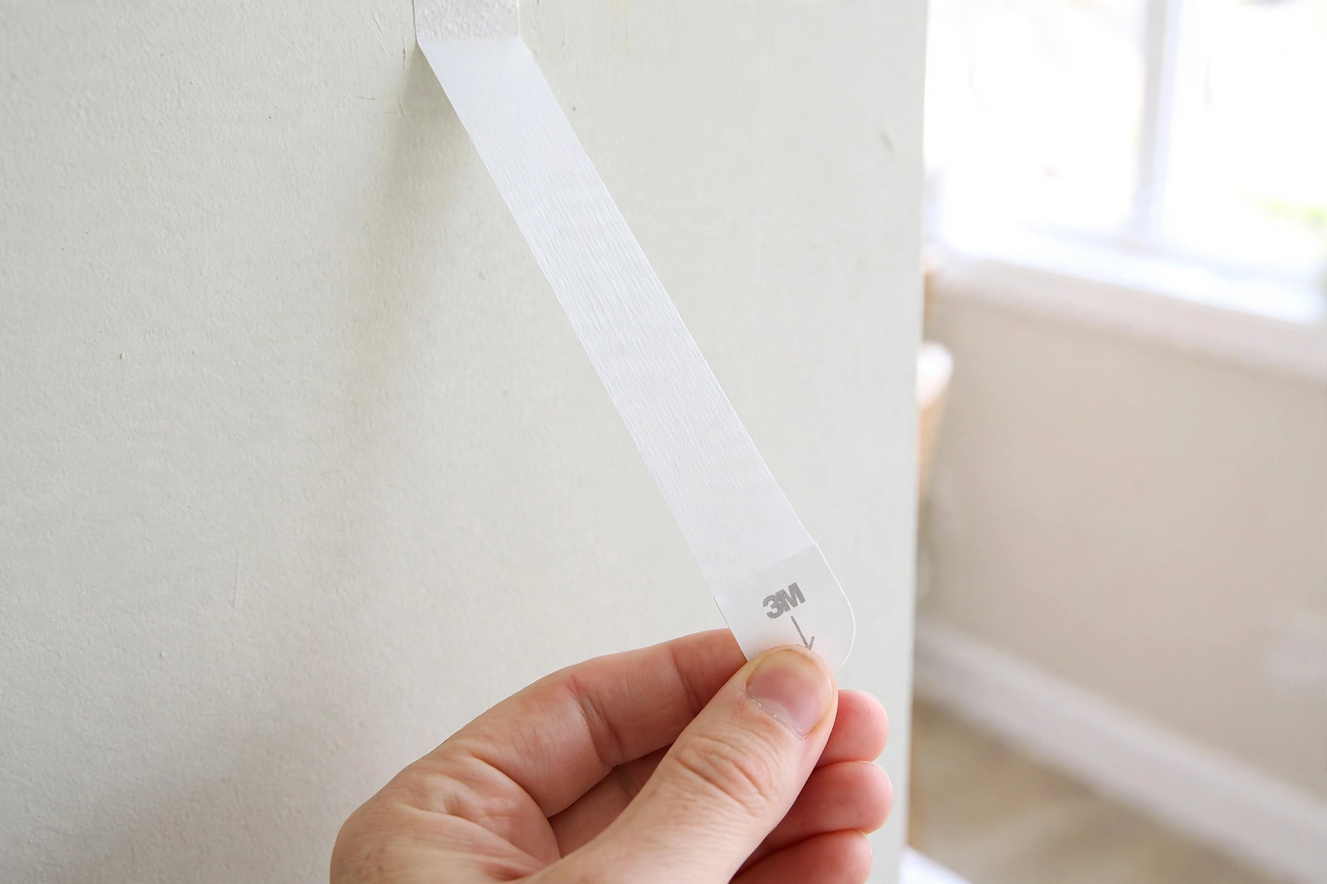 Stretched Command strip releasing cleanly from the wall