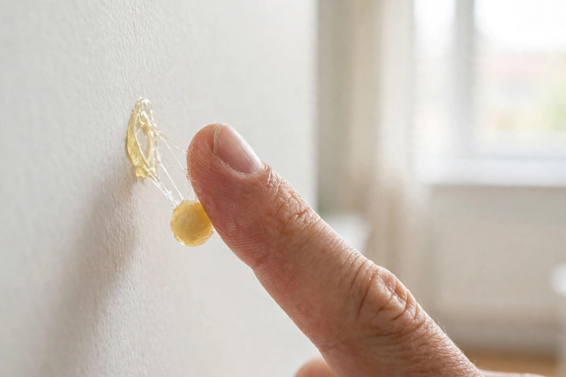 Fingertip rolling leftover adhesive residue off the wall