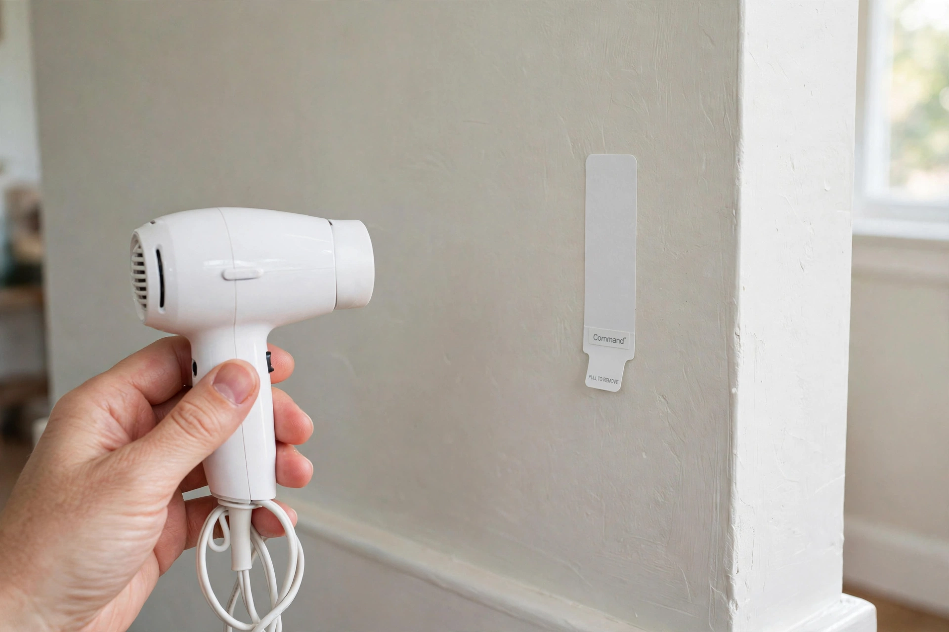 Hairdryer warming a stubborn Command strip on the wall